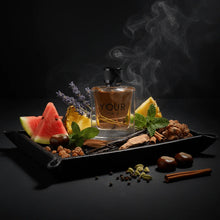Luxury Arabian oud perfume bottle with smoky fragrance, surrounded by watermelon, pineapple, mint, cinnamon, cardamom, and lavender.