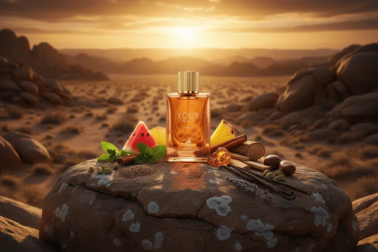 Amber oud perfume bottle with watermelon, pineapple, mint, spices, and wood notes on a rock in a desert sunset.