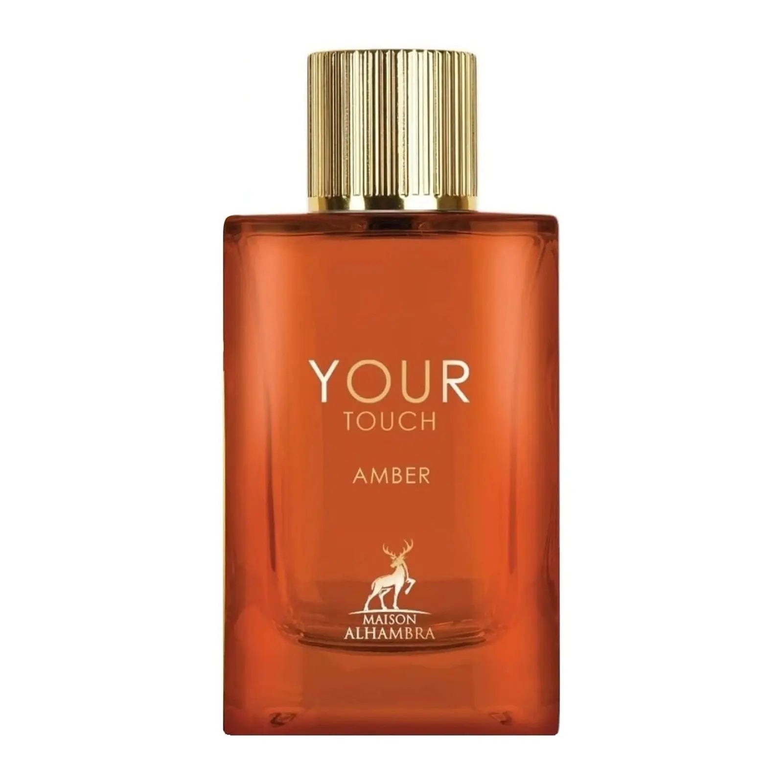 Maison Alhambra Your Touch Amber perfume bottle with gold cap, amber colored glass