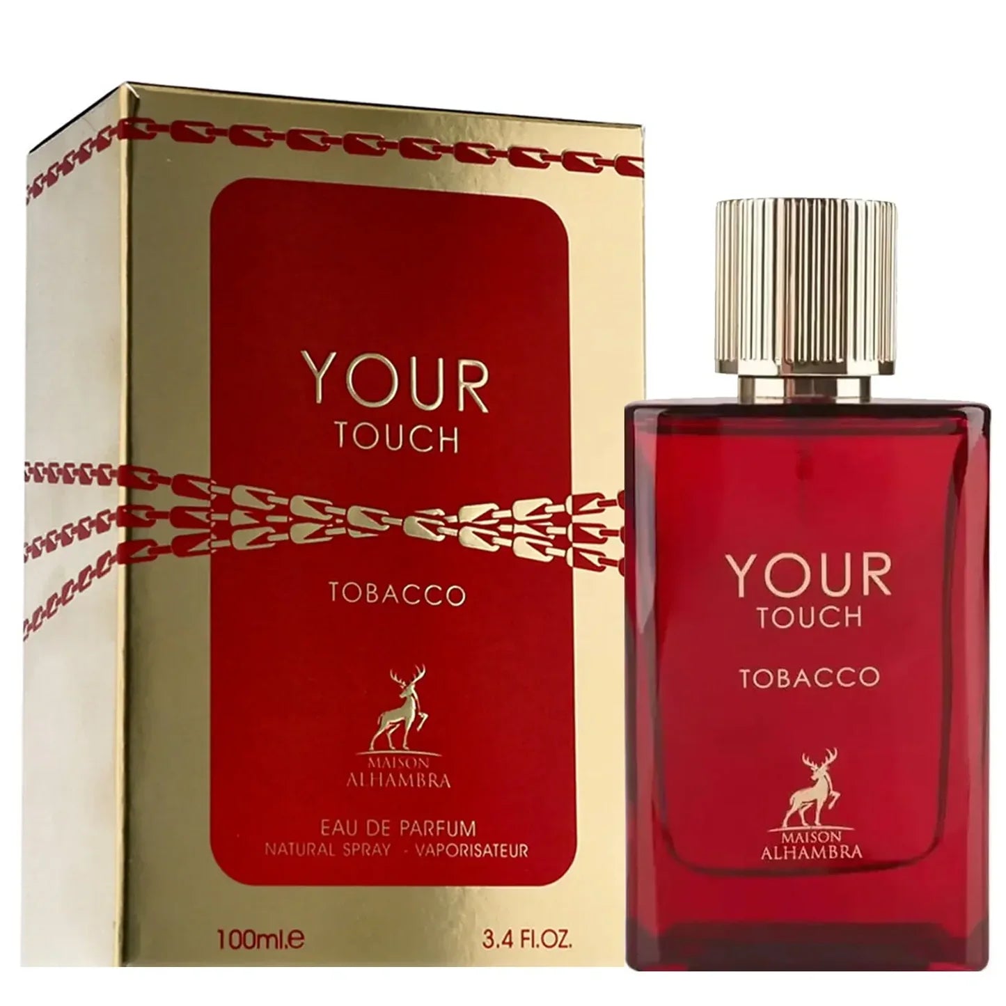 Maison Alhambra Your Touch Tobacco Eau de Parfum 100ml red bottle and gold box