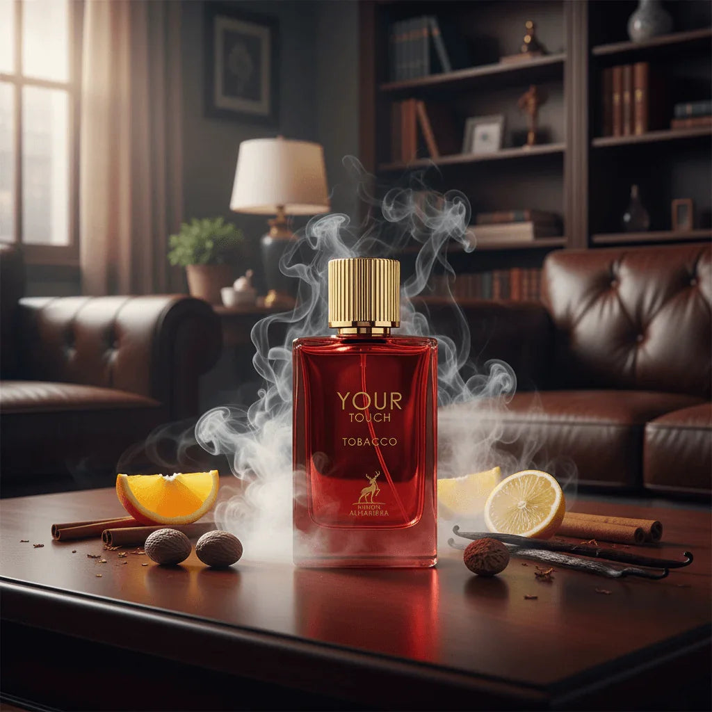 Red bottle of Arabian oud tobacco perfume on a table with citrus, spices, and smoke in a cozy lounge