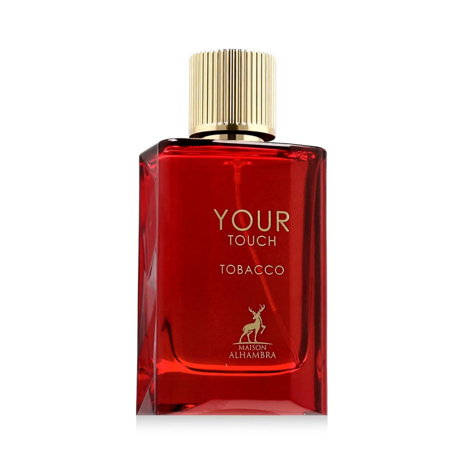 Red glass bottle of Maison Alhambra Your Touch Tobacco perfume with gold cap