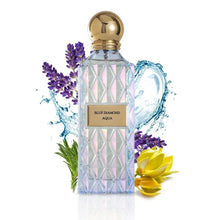 Blue Diamond Aqua perfume bottle with floral, herbal, and water splash accents, luxury fragrance.