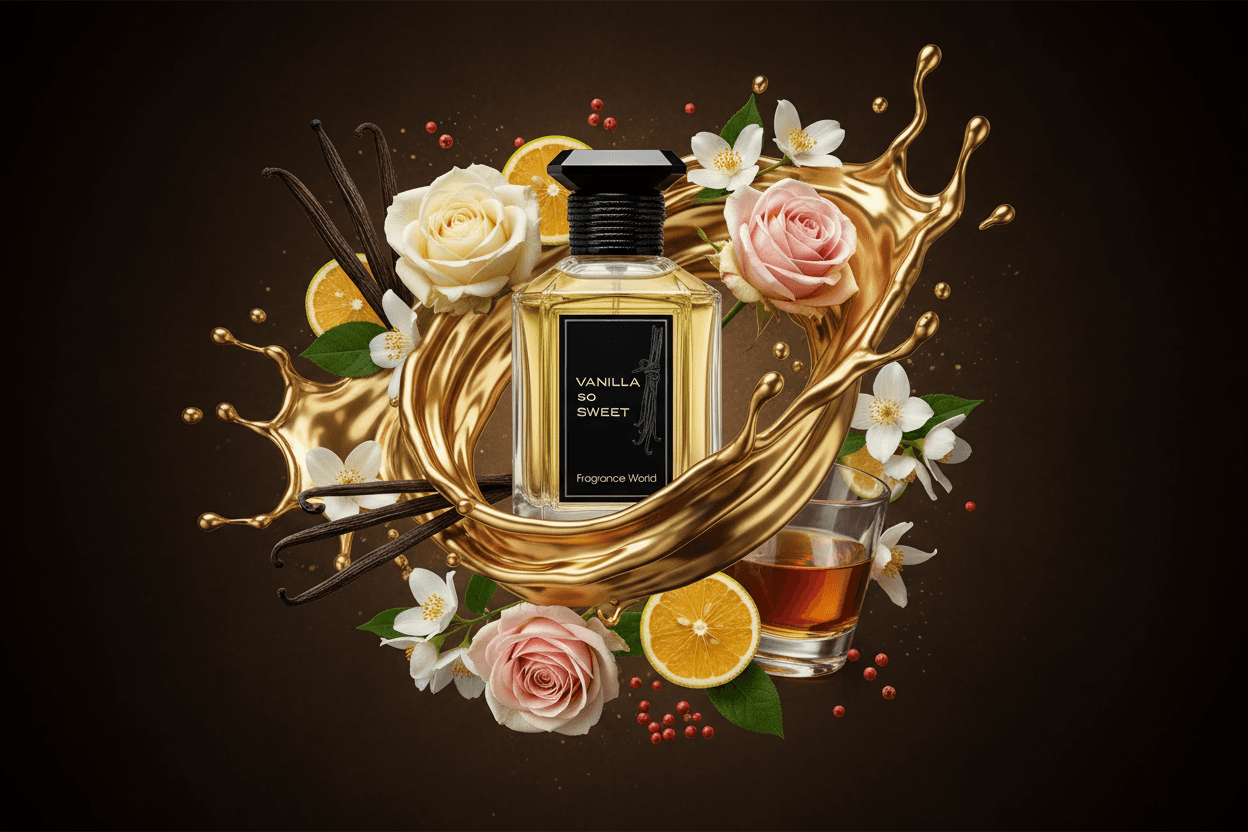 Vanilla So Sweet perfume surrounded by flowers, citrus, and splash of vanilla