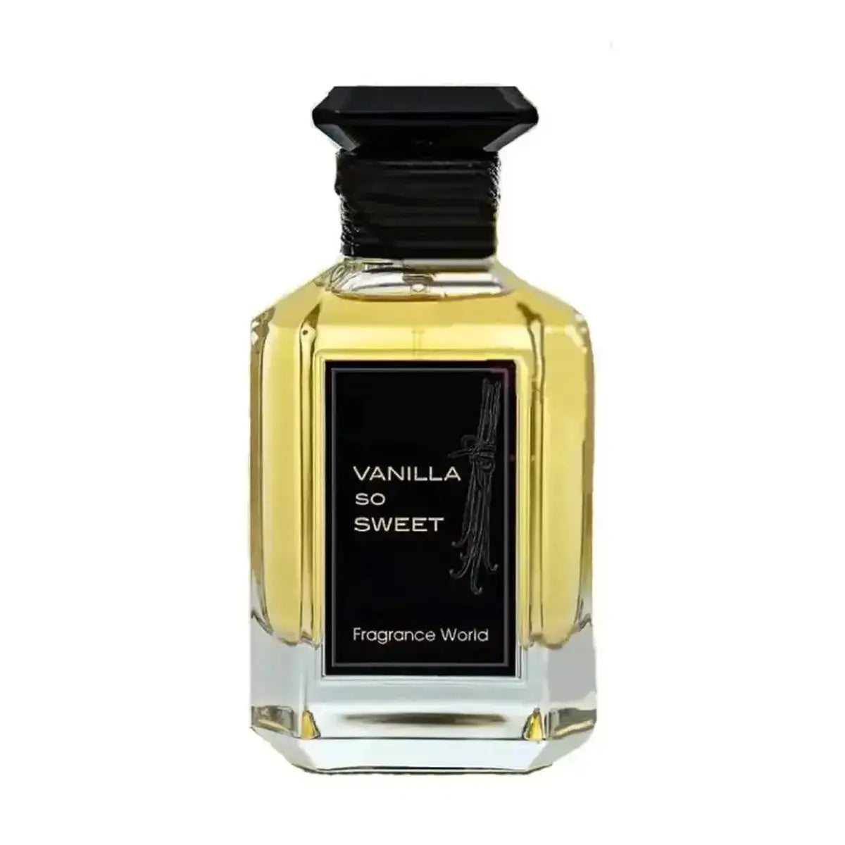 Vanilla So Sweet perfume bottle with black cap and black label