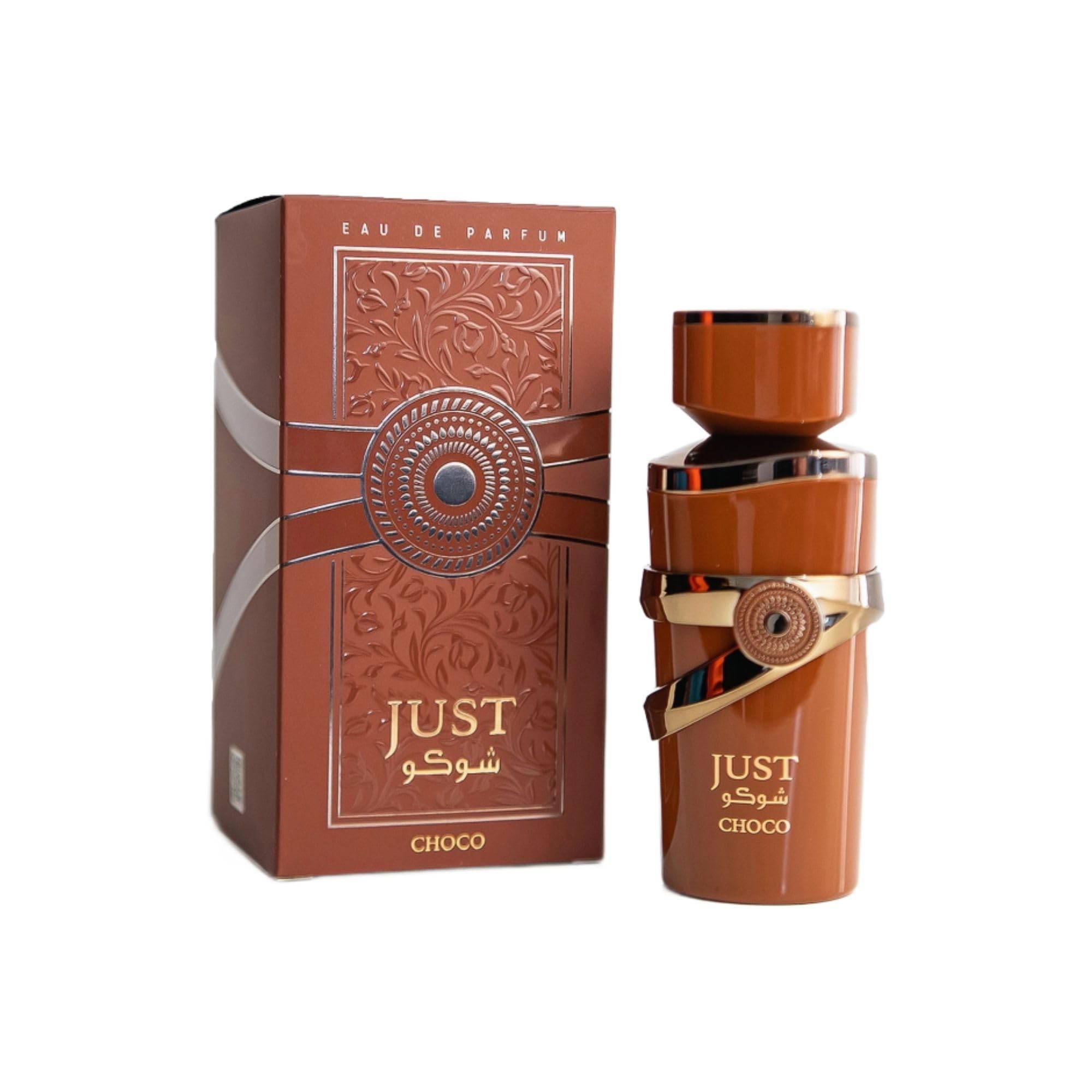 Just Choco 100ml EDP perfume box and bottle with gold accents, brown packaging, and floral design, in a product category of perfumes and colognes