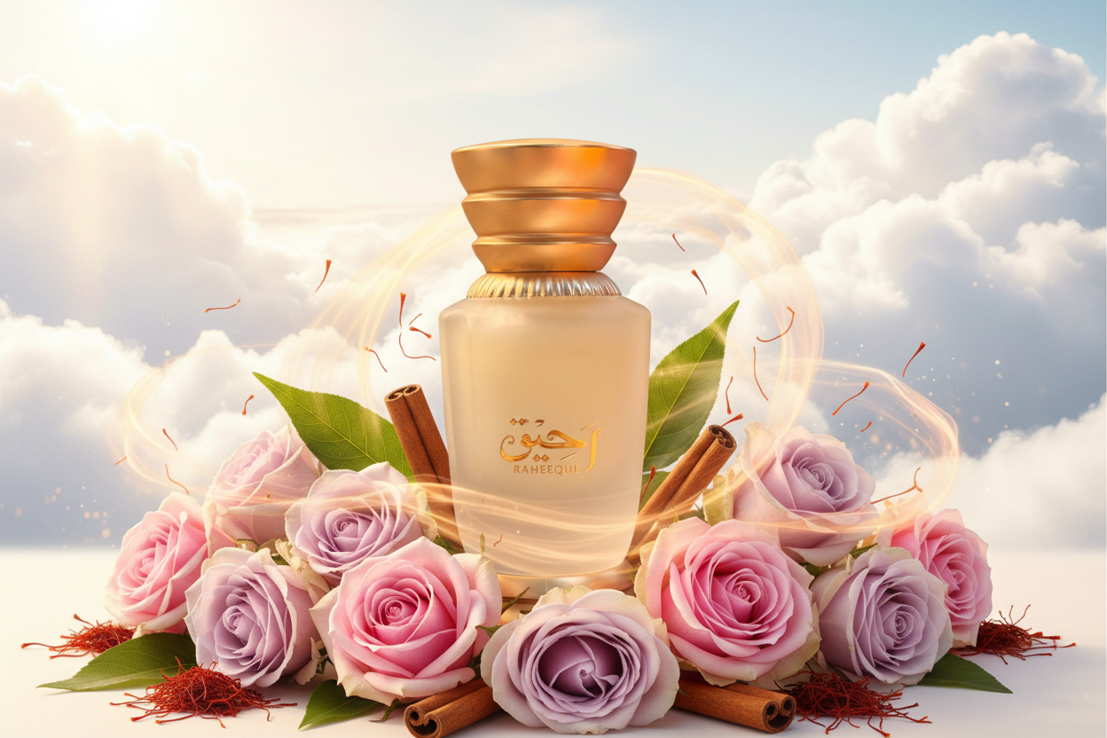 Raheeque perfume oil surrounded by roses and cinnamon sticks