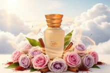 Raheeque perfume oil surrounded by roses and cinnamon sticks