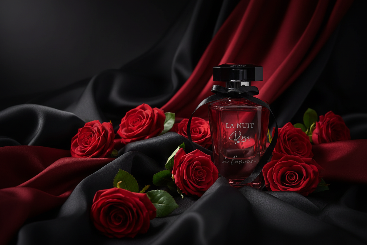 La Nuit Rose L'Amour perfume surrounded by red roses and black satin fabric