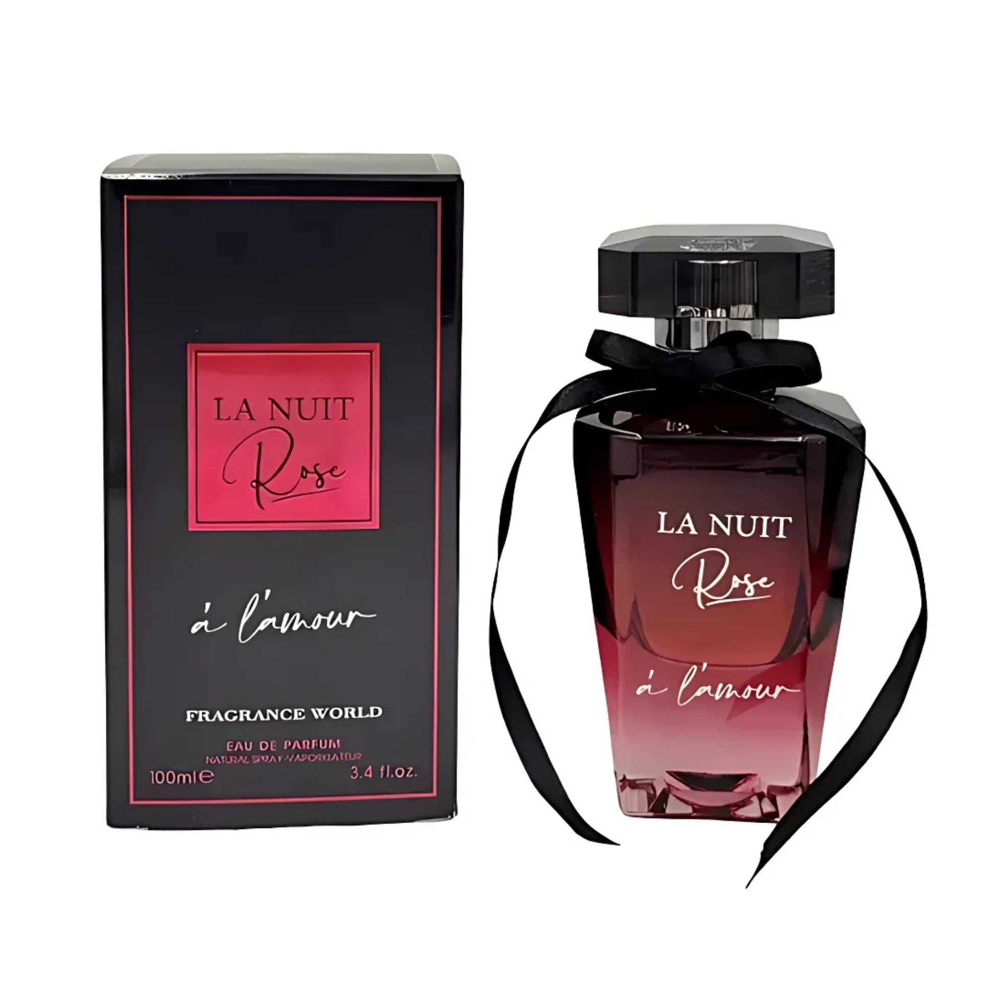 La Nuit Rose L'Amour perfume box and bottle with black ribbon
