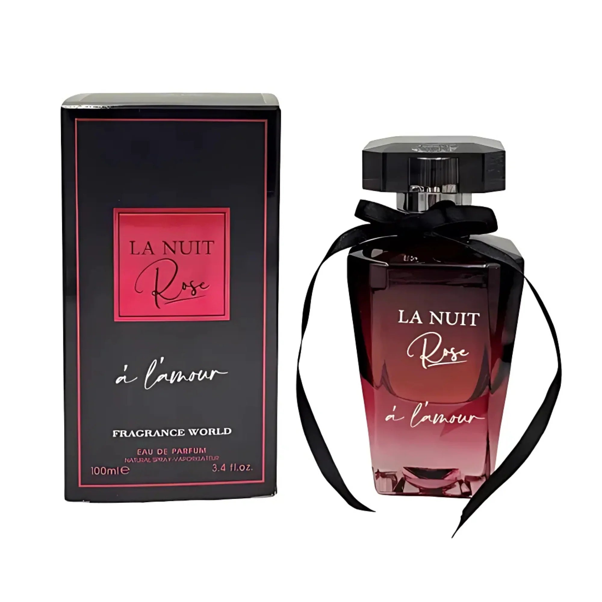 La Nuit Rose L'Amour perfume box and bottle with black ribbon