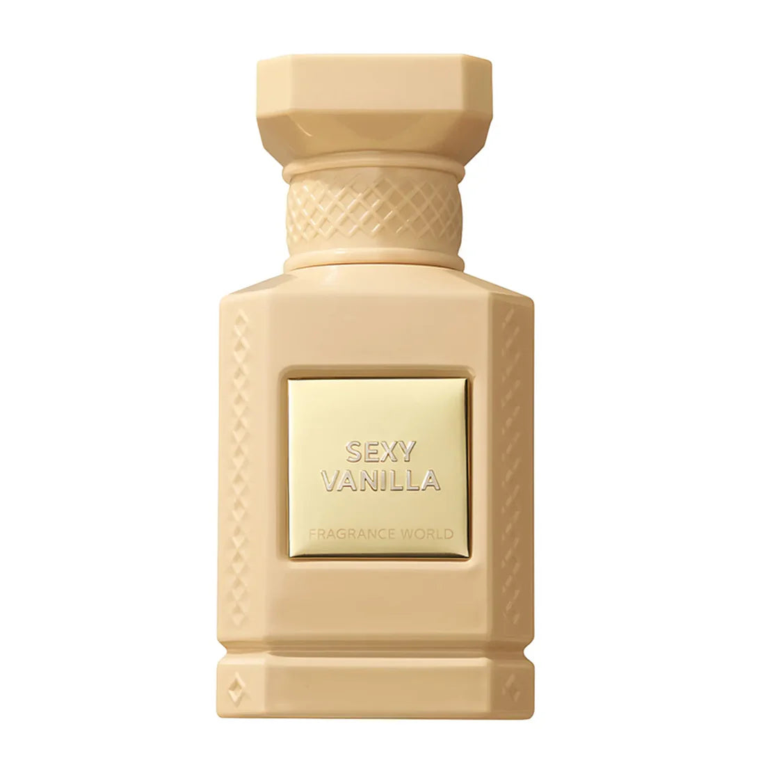 Cream-colored perfume bottle with gold label for Sexy Vanilla Eau de Parfum