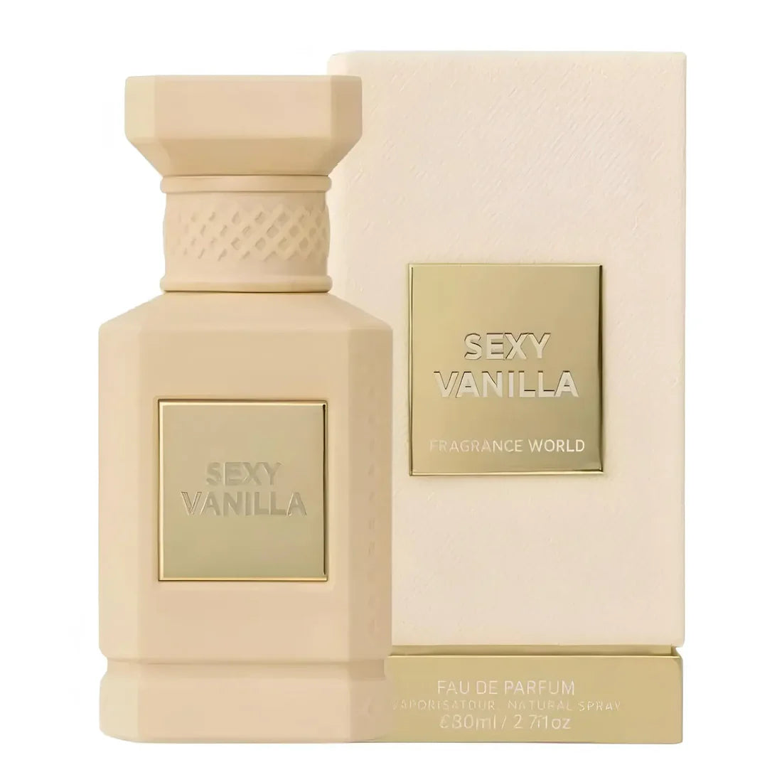 Elegant beige perfume bottle with matching box for Sexy Vanilla fragrance