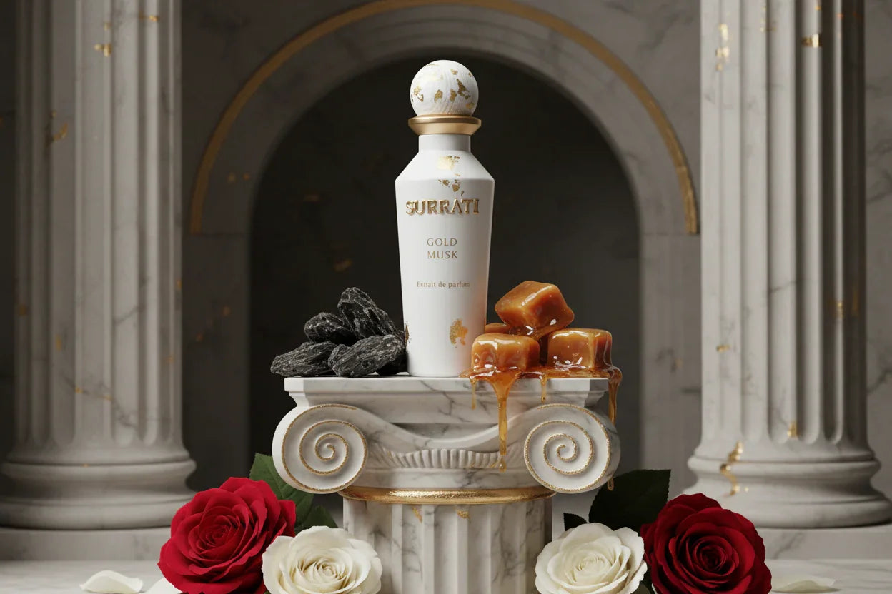 Gold Musk perfume bottle on marble pedestal with caramel, oud wood, red and white roses