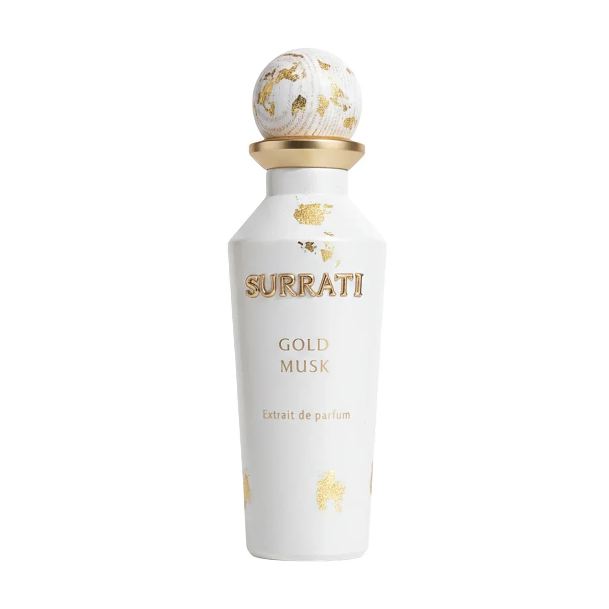 Surrati Gold Musk extrait de parfum in a white and gold decorative bottle