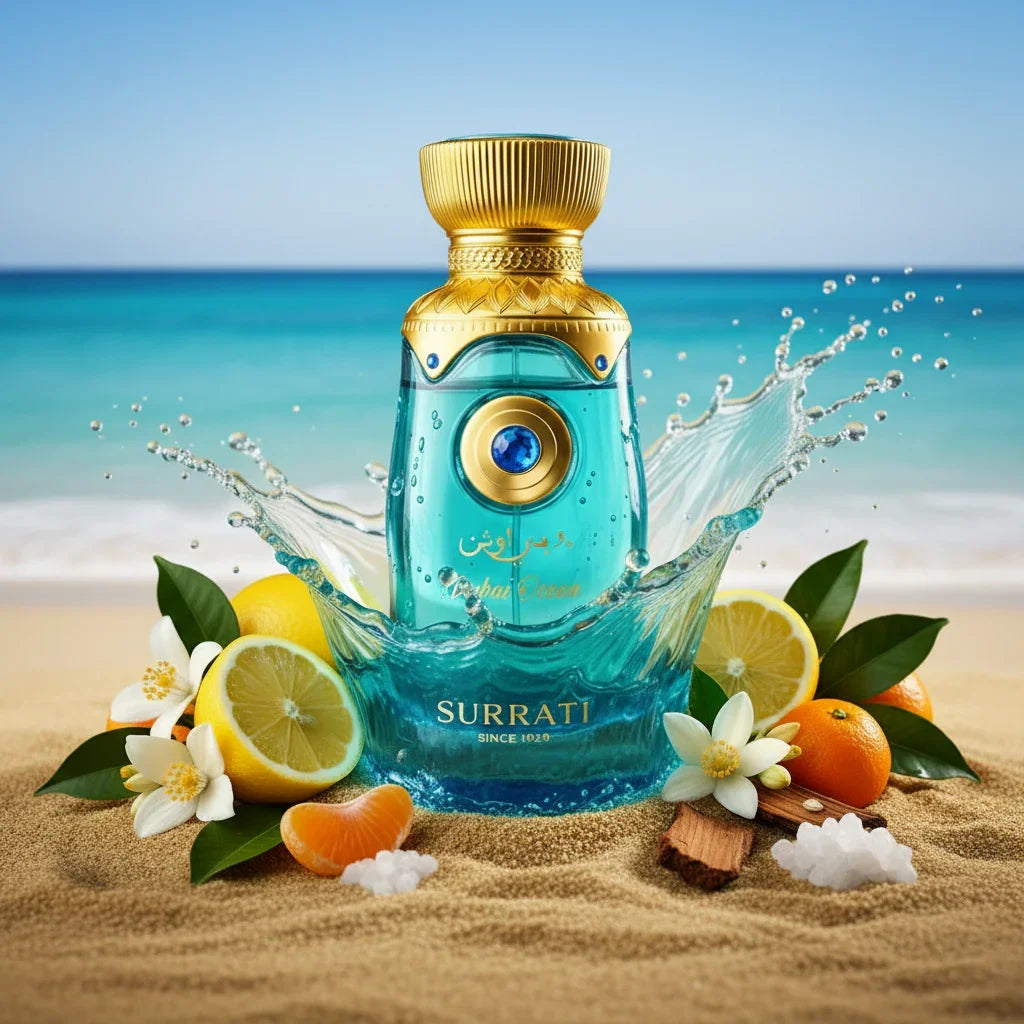 Luxury Arabian oud perfume bottle with citrus fruits and florals on sandy beach background
