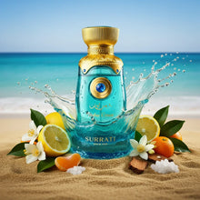 Luxury Arabian oud perfume bottle with citrus fruits and florals on sandy beach background