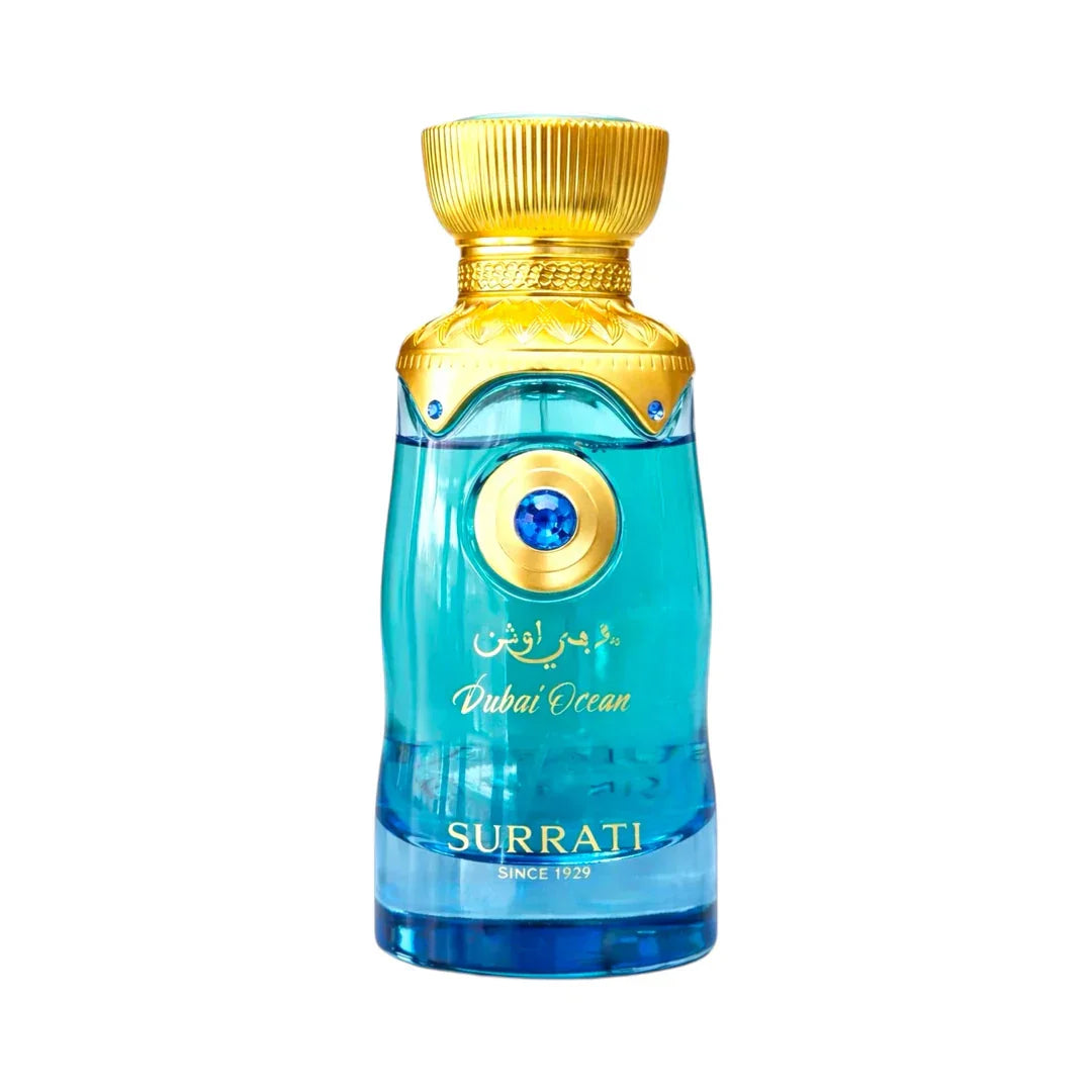 Dubai Ocean Arabian oud perfume blue and gold bottle by Surrati