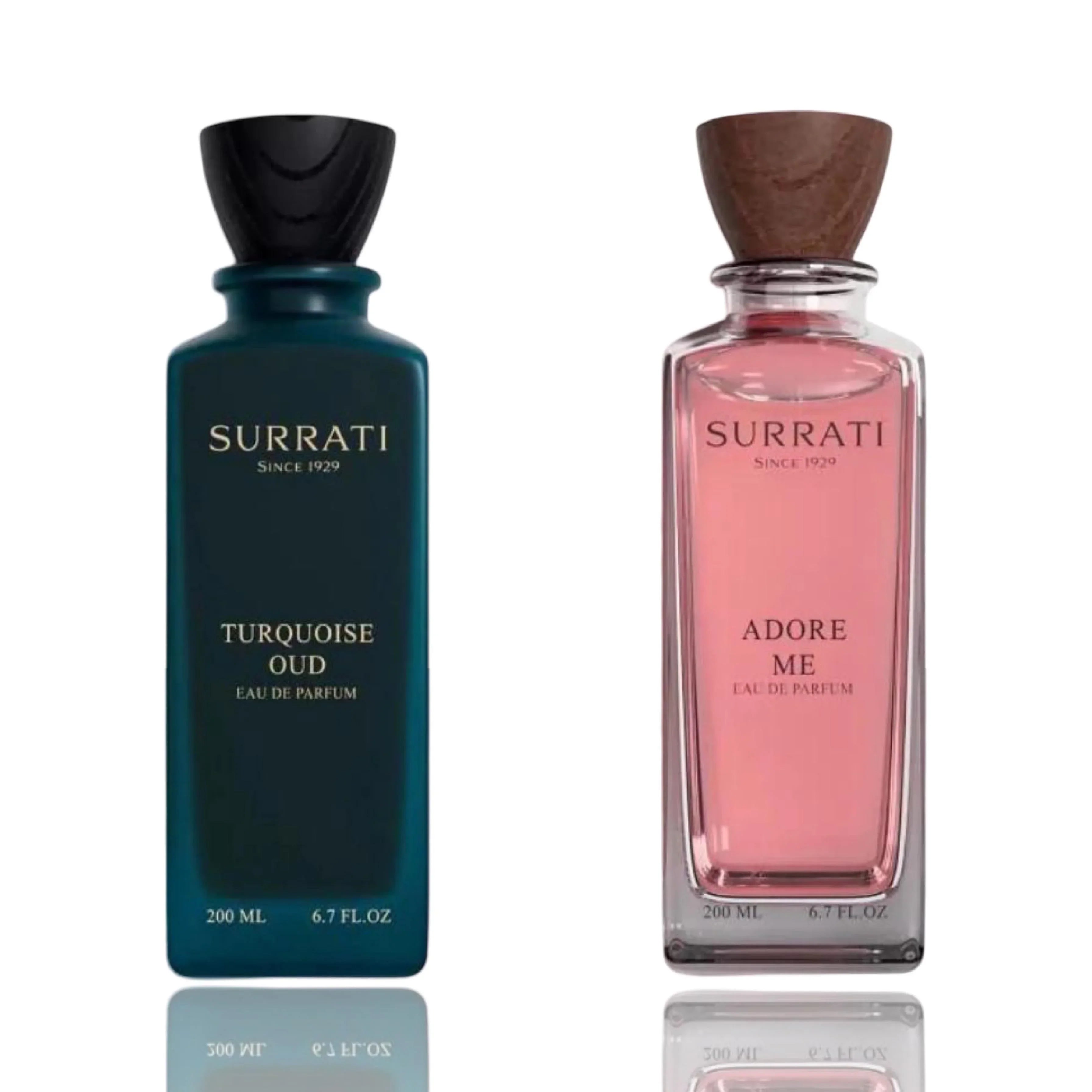 Two Surrati eau de parfum bottles, Turquoise Oud and Adore Me, side by side.