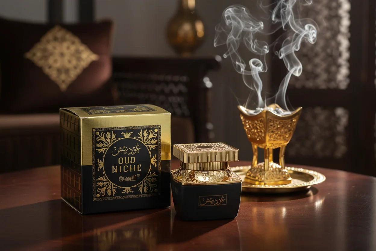 Luxury Arabian oud perfume bottle and box on table with golden incense burner and smoke