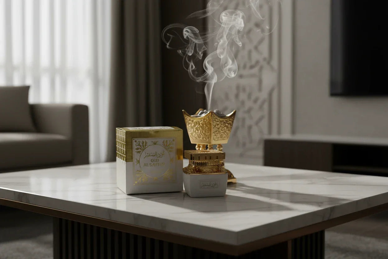Luxury oud incense burner emitting smoke beside Oud Al Saffer box on marble table
