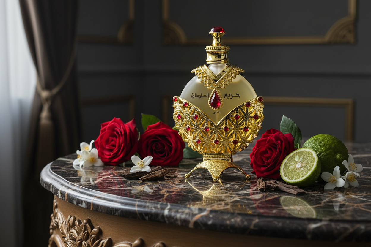Luxury Arabian oud perfume bottle with gold and red accents, surrounded by roses, citrus, and blossoms on a marble table