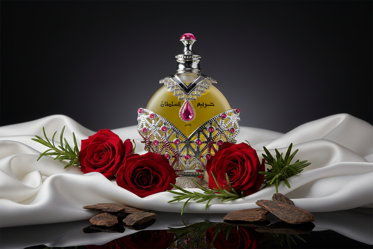 Luxury Arabian oud perfume bottle with red roses, rosewood, and white satin background