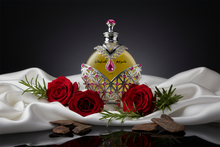 Luxury Arabian oud perfume bottle with red roses, rosewood, and white satin background