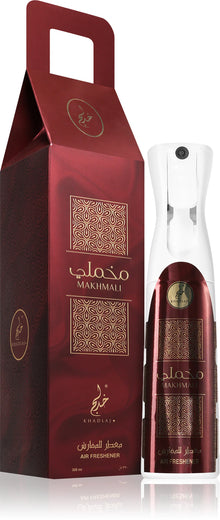 Khadlaj Makhmali Arabian oud air freshener spray with decorative red and gold box.
