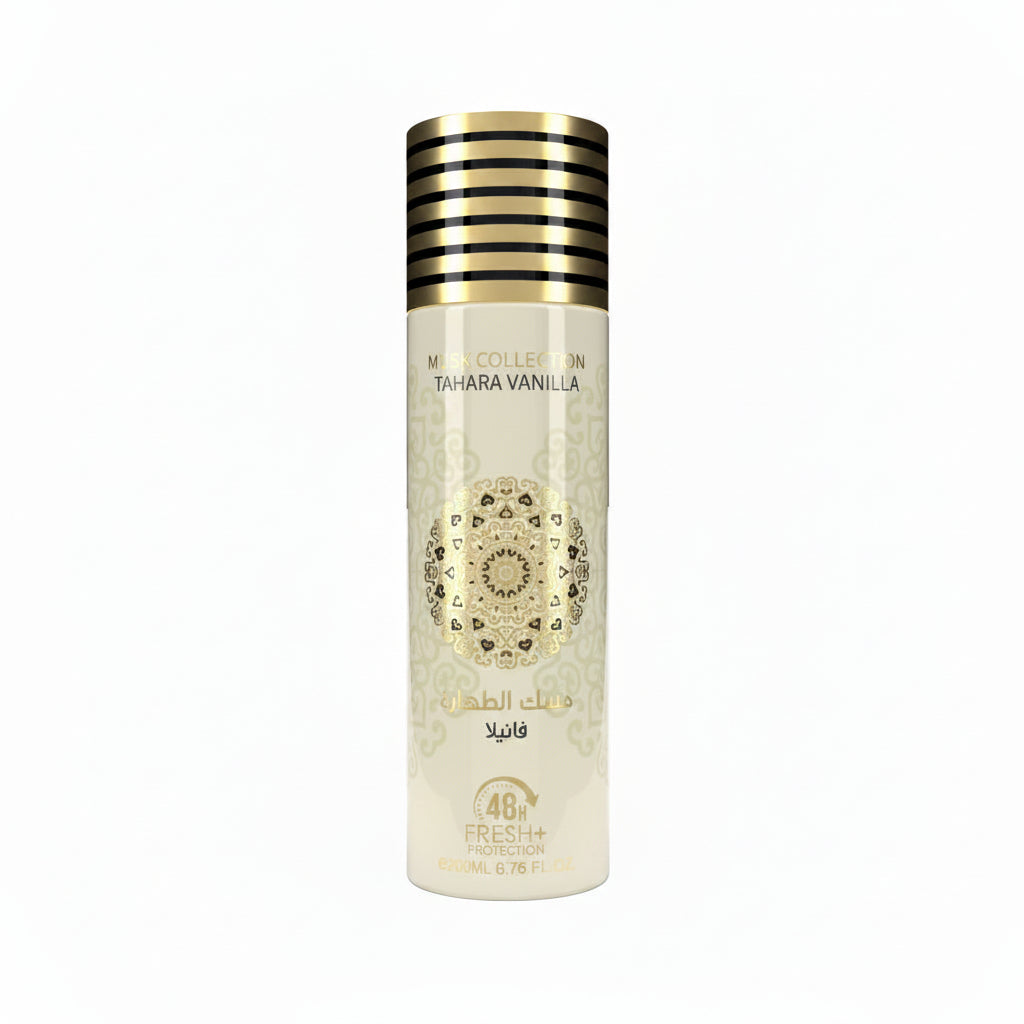 Tahara Vanilla air freshener spray can with gold pattern, musk and oud fragrance, 200ml