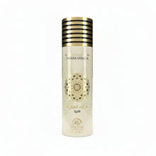 Tahara Vanilla air freshener spray can with gold pattern, musk and oud fragrance, 200ml