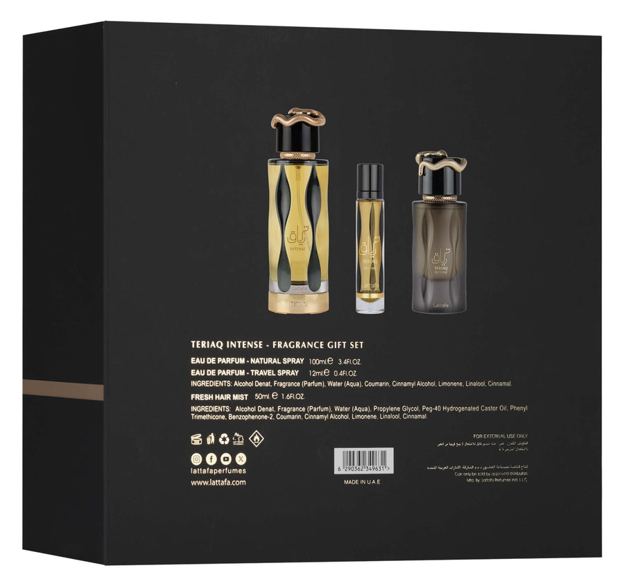 Teriaq Intense Gift Set by Lattafa - EDP, Spray & Hair Mist