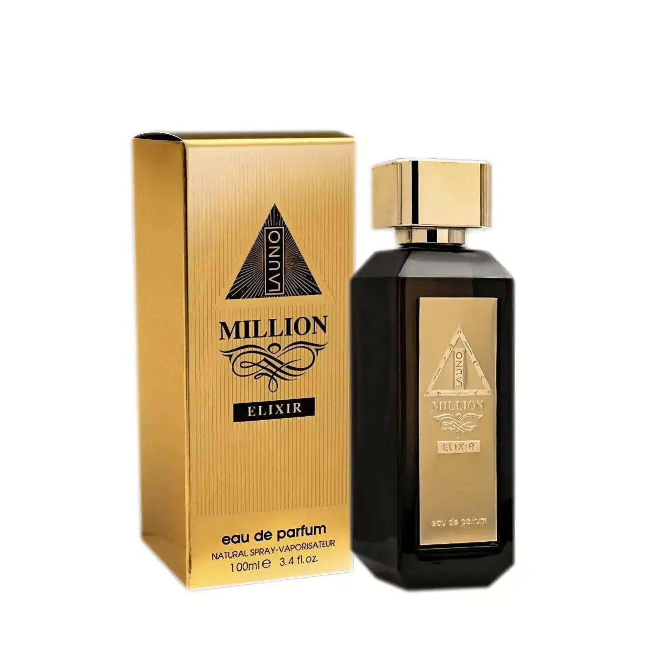 Perfume bottle and packaging of Million Elixir on a white background