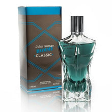 John Gustav Homme Classic perfume bottle and box, men's eau de parfum, torso-shaped glass design