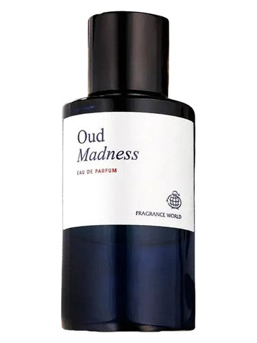 Oud Madness Eau de Parfum black and white bottle, Arabian oud fragrance product