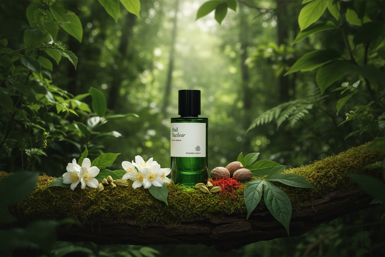 Green oud perfume bottle with florals and spices on a mossy log in a lush forest setting