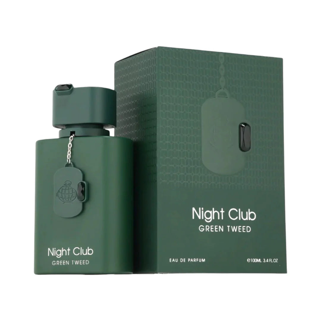 Night Club Green Tweed Eau de Parfum bottle and box in matte green, 100ml fragrance