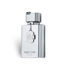 Night Club Silver Arabian oud perfume bottle with chrome finish and decorative tag.