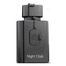 Sleek black Night Club perfume bottle with metallic tag and minimalist design