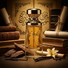 Eshal Vanilla perfume bottle with vintage books and spices in warm lighting