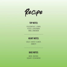 Perfume ingredients list with top notes of passionfruit, lemon, peach, cardamom, mint, cinnamon; heart notes of violet, white flower, ambery; base notes of musk, incense, sugary, cedarwood on a green gradient background.