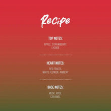 Perfume fragrance notes list on gradient background with apple, strawberry, lychee, red fruits, white flower, ambery, musk, rose, and caramel.