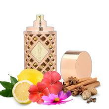 Luxurious oud perfume bottle with gold lattice design, surrounded by lemons, flowers, cinnamon, and spices.