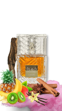Khamrah Lattafa perfume bottle with oud wood, pineapple, banana, kiwi, mango, vanilla, cinnamon, star anise, and cotton candy on white background.