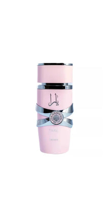 Yara Lattafa pink perfume bottle with silver accents and Arabic calligraphy on white background