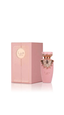 Pink Haya Arabian oud perfume bottle and matching gift box with gold accents