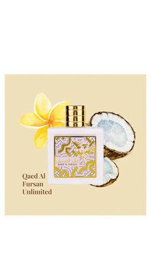 Qaed Al Fursan Unlimited perfume bottle with floral and coconut accents, Arabian fragrance