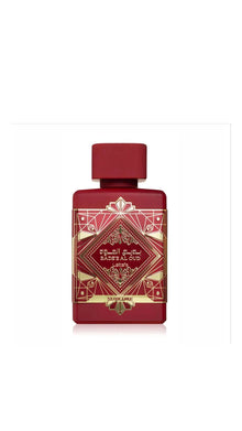 Red Badee Al Oud Sublime perfume bottle with gold Arabic geometric design