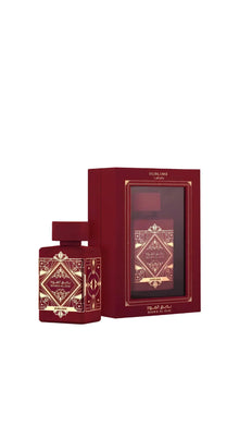 Badee Al Oud Sublime Arabian perfume in red and gold ornate bottle with matching box