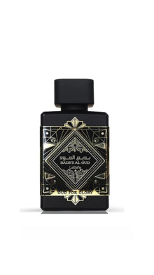 Black and gold Bade'e Al Oud Oud for Glory perfume bottle with ornate geometric design